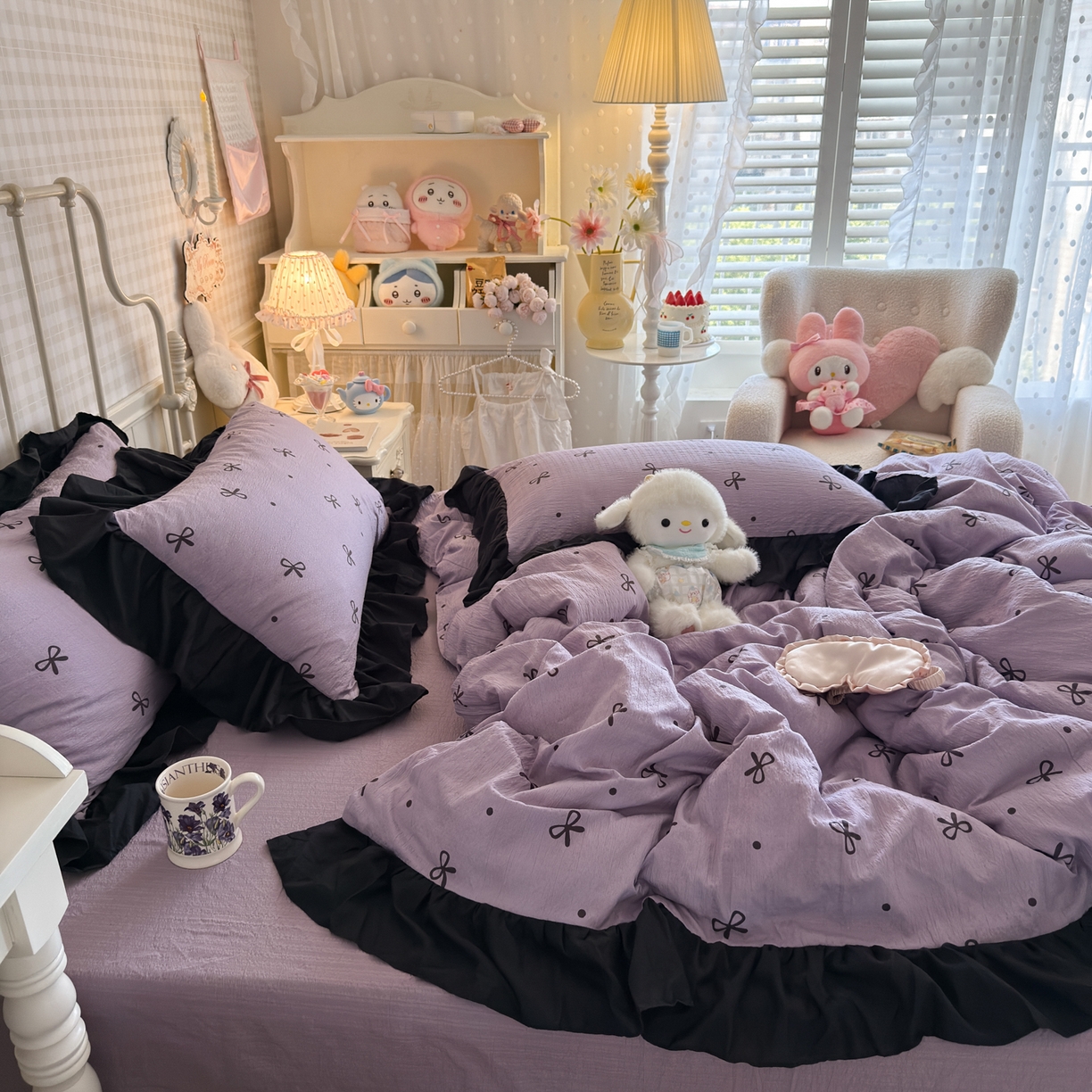 91家纺网 家纺一手货源 找家纺 优卡迪家纺馆 2025新款皱皱棉双层纱黑花边四件套 紫苏