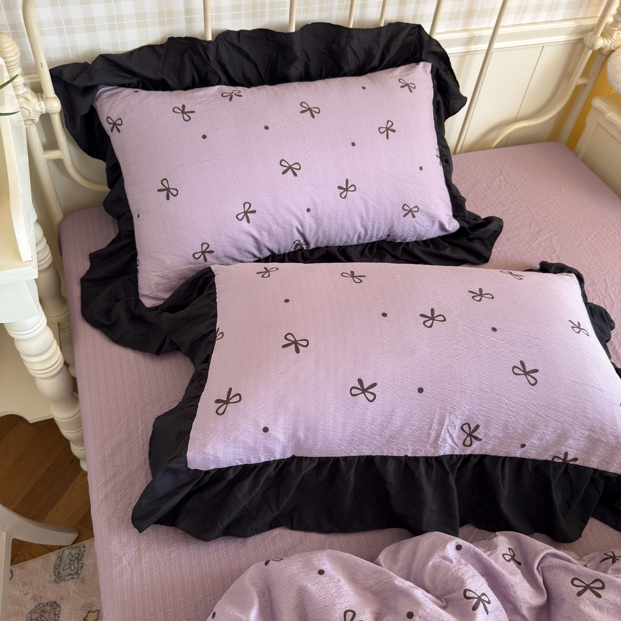 91家纺网 家纺一手货源 找家纺 优卡迪家纺馆 2025新款皱皱棉双层纱黑花边四件套 紫苏