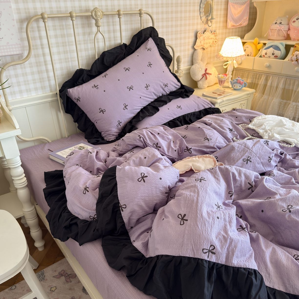 91家纺网 家纺一手货源 找家纺 优卡迪家纺馆 2025新款皱皱棉双层纱黑花边四件套 紫苏