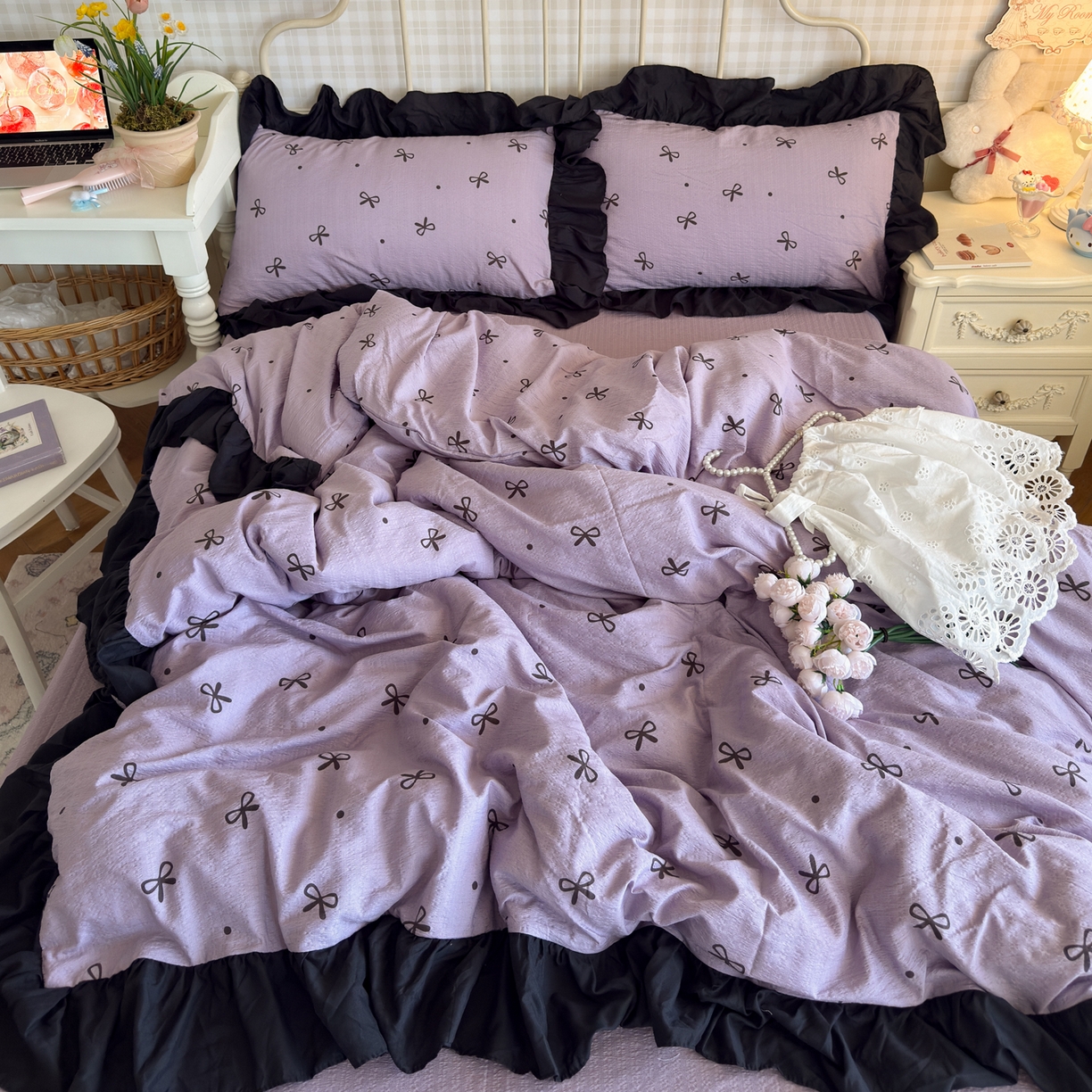 91家纺网 家纺一手货源 找家纺 优卡迪家纺馆 2025新款皱皱棉双层纱黑花边四件套 紫苏