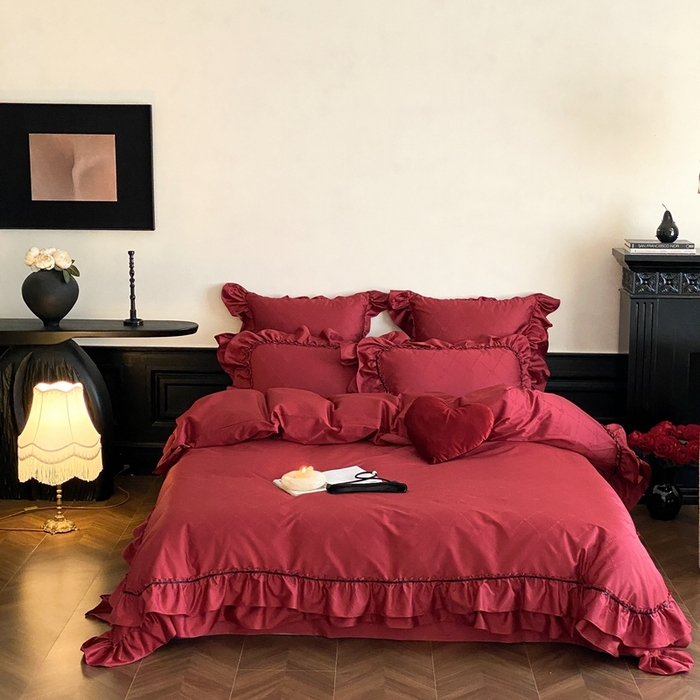 91家纺网 家纺一手货源 找家纺 （总）星野 2025新款双股澳棉提花全棉婚庆四件套多件套-红妆