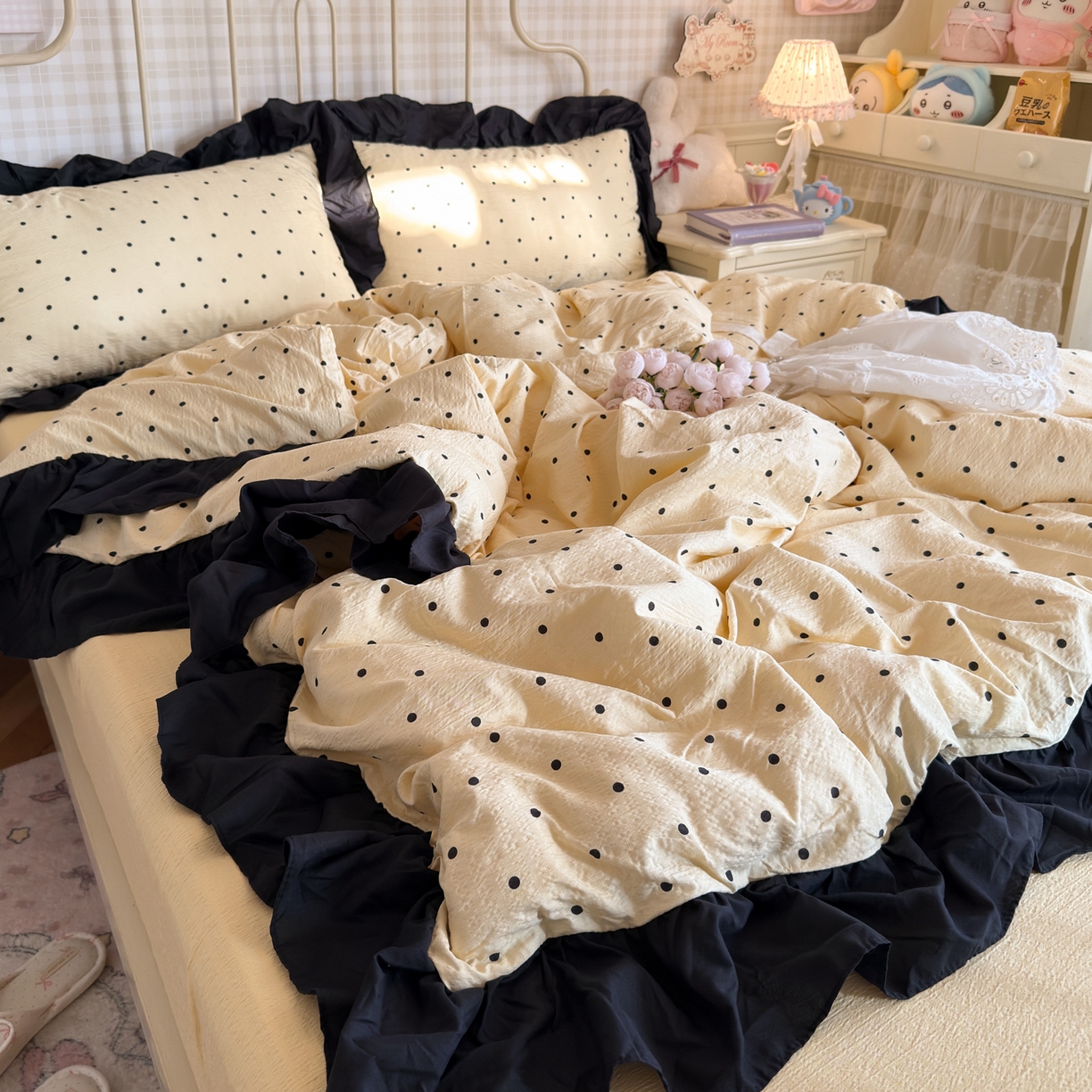 91家纺网 家纺一手货源 找家纺 （总）优卡迪家纺馆 2025新款皱皱棉双层纱黑花边四件套