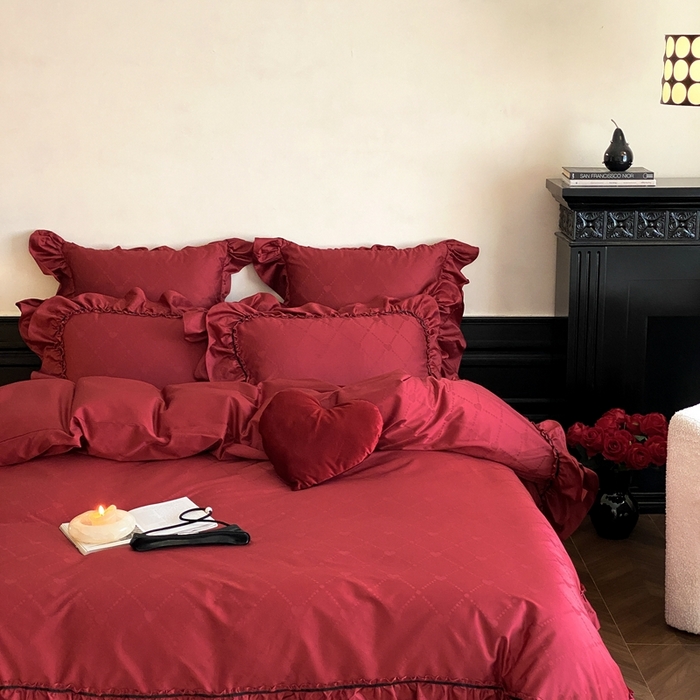 91家纺网 家纺一手货源 找家纺 （总）星野 2025新款双股澳棉提花全棉婚庆四件套多件套-红妆