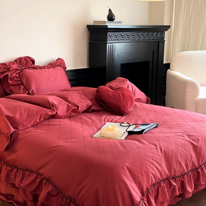 91家纺网 家纺一手货源 找家纺 （总）星野 2025新款双股澳棉提花全棉婚庆四件套多件套-红妆