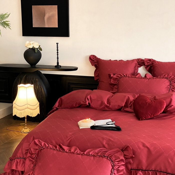 91家纺网 家纺一手货源 找家纺 （总）星野 2025新款双股澳棉提花全棉婚庆四件套多件套-红妆