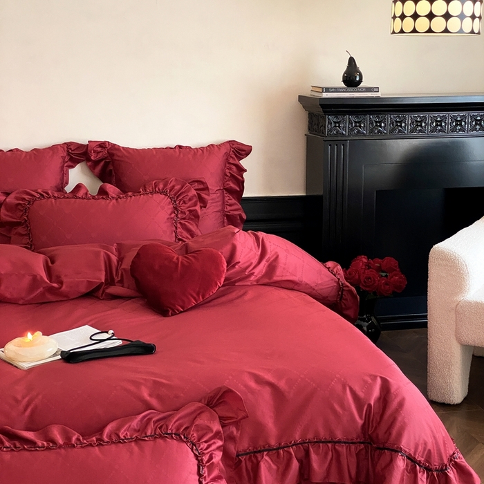 91家纺网 家纺一手货源 找家纺 （总）星野 2025新款双股澳棉提花全棉婚庆四件套多件套-红妆