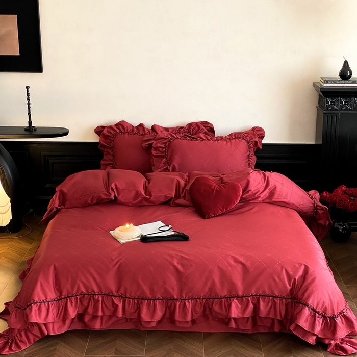 91家纺网 家纺一手货源 找家纺 （总）星野 2025新款双股澳棉提花全棉婚庆四件套多件套-红妆