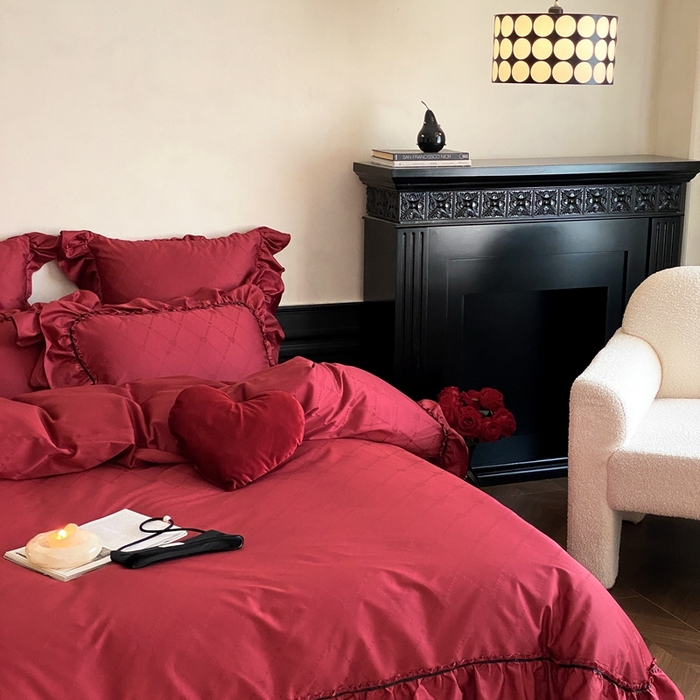 91家纺网 家纺一手货源 找家纺 （总）星野 2025新款双股澳棉提花全棉婚庆四件套多件套-红妆