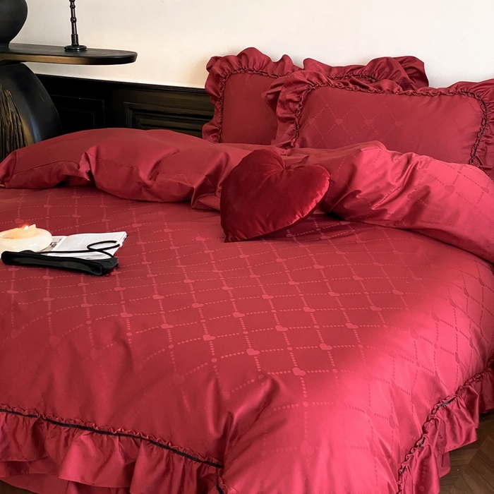 91家纺网 家纺一手货源 找家纺 （总）星野 2025新款双股澳棉提花全棉婚庆四件套多件套-红妆