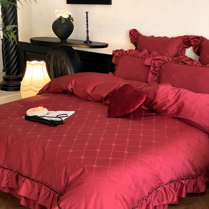 91家纺网 家纺一手货源 找家纺 （总）星野 2025新款双股澳棉提花全棉婚庆四件套多件套-红妆