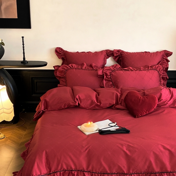 91家纺网 家纺一手货源 找家纺 （总）星野 2025新款双股澳棉提花全棉婚庆四件套多件套-红妆