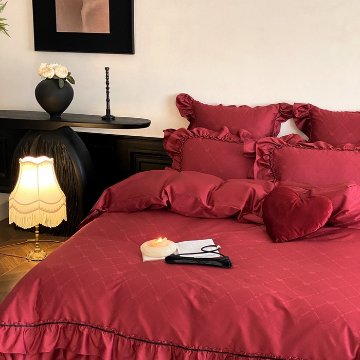 91家纺网 家纺一手货源 找家纺 （总）星野 2025新款双股澳棉提花全棉婚庆四件套多件套-红妆