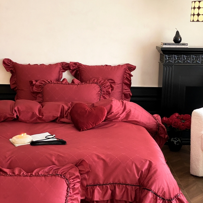 91家纺网 家纺一手货源 找家纺 （总）星野 2025新款双股澳棉提花全棉婚庆四件套多件套-红妆