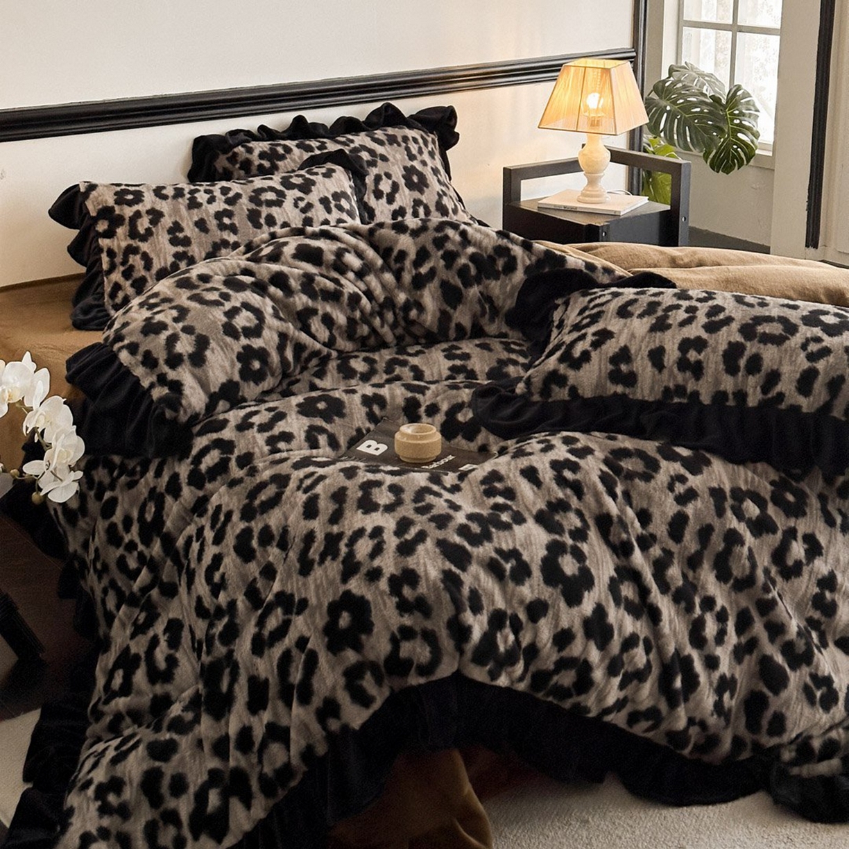 子曰 2025新款A类法式小香风黑边款兔绒牛奶绒四件套 黑边款-豹纹灰