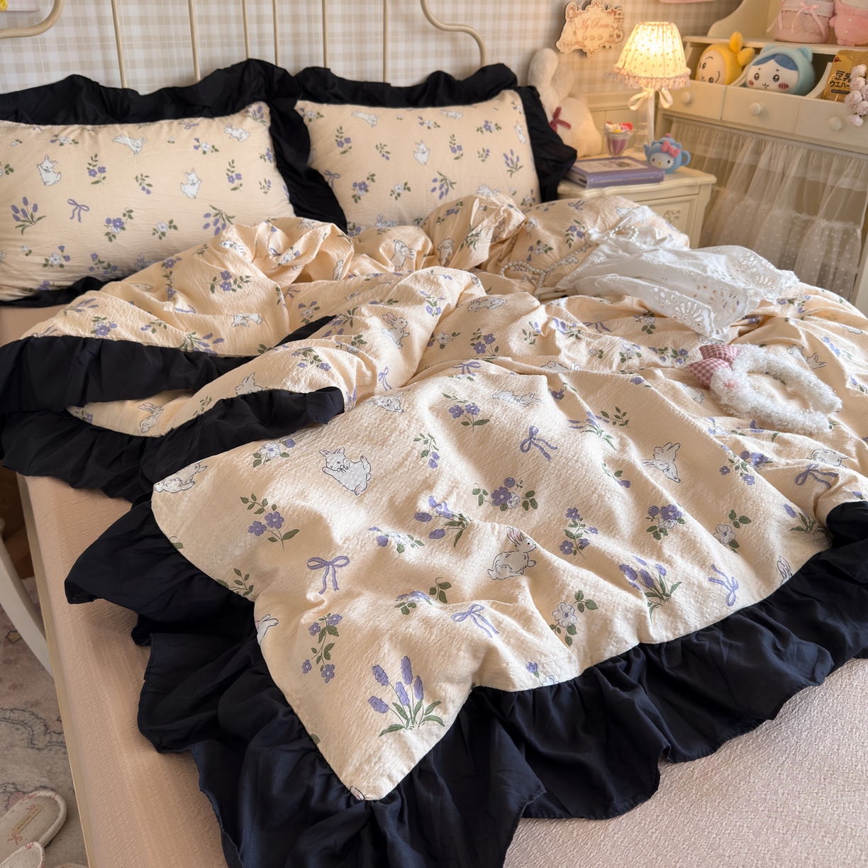 91家纺网 家纺一手货源 找家纺 （总）优卡迪家纺馆 2025新款皱皱棉双层纱黑花边四件套