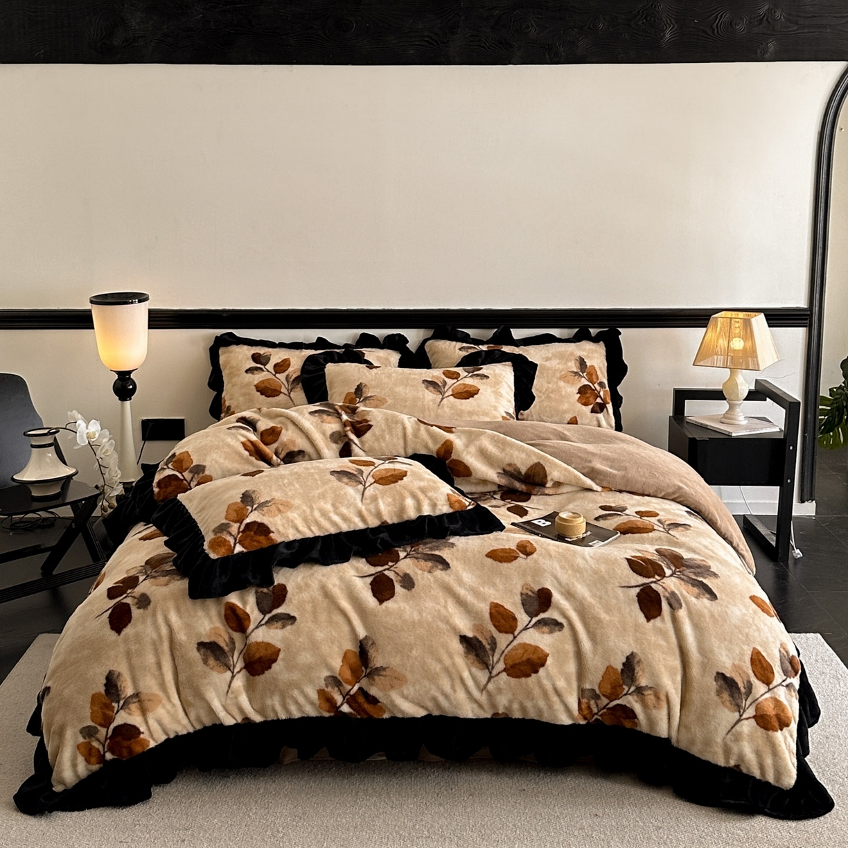 91家纺网 家纺一手货源 找家纺 子曰 2025新款A类法式小香风黑边款兔绒牛奶绒四件套 黑边款-曼丽