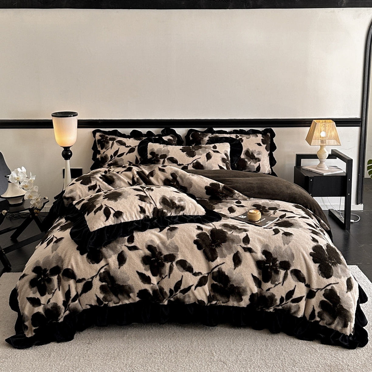 91家纺网 家纺一手货源 找家纺 子曰 2025新款A类法式小香风黑边款兔绒牛奶绒四件套 黑边款-莫奈