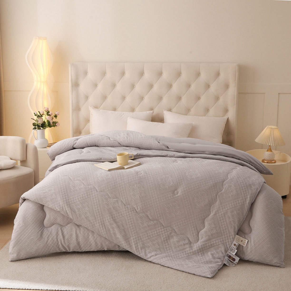 91家纺网 家纺一手货源 找家纺 首爱家纺 2025新款A类针织提花进口羊毛子母被被子被芯 针织提花-浅灰