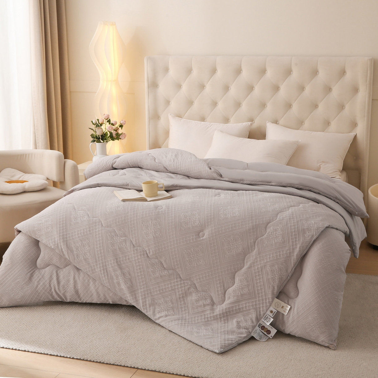 91家纺网 家纺一手货源 找家纺 首爱家纺 2025新款A类针织提花进口羊毛子母被被子被芯 针织提花-浅灰