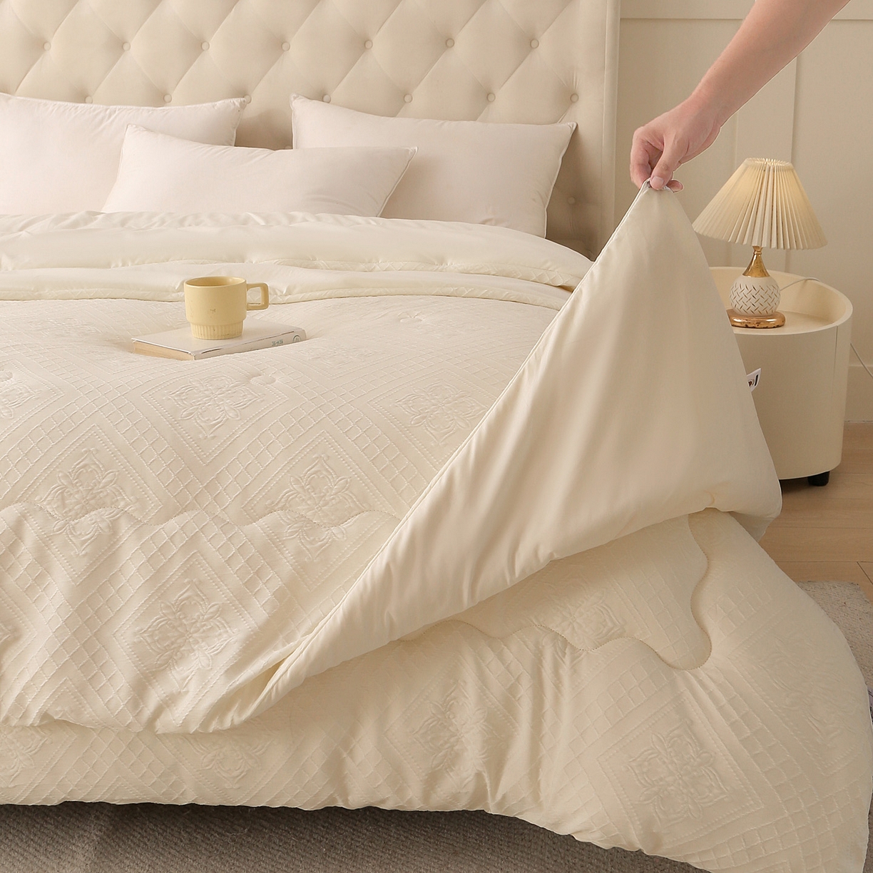 91家纺网 家纺一手货源 找家纺 金泰莱 2025新款A类针织提花进口羊毛子母被被子被芯 针织提花-米白