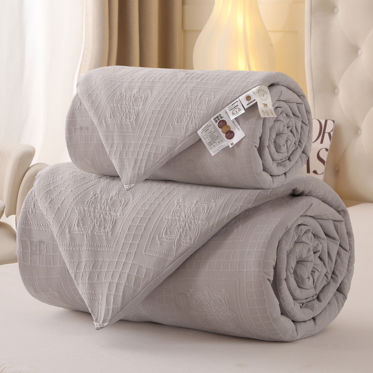 91家纺网 家纺一手货源 找家纺 金泰莱 2025新款A类针织提花进口羊毛子母被被子被芯 针织提花-浅灰