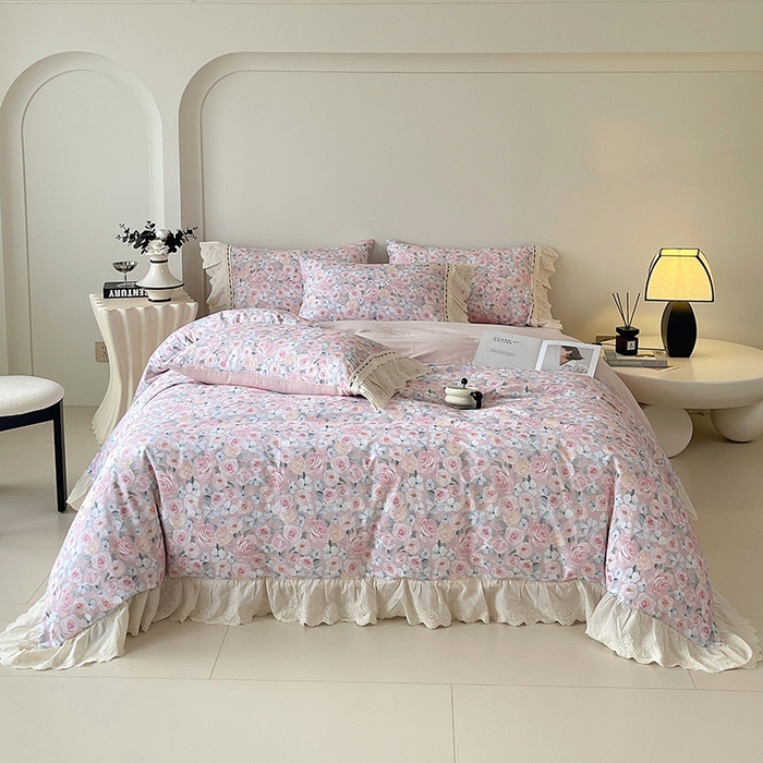 91家纺网 家纺一手货源 找家纺 梧桐树 2025新款全棉印花四件套系列-花边款 H01露娜-粉