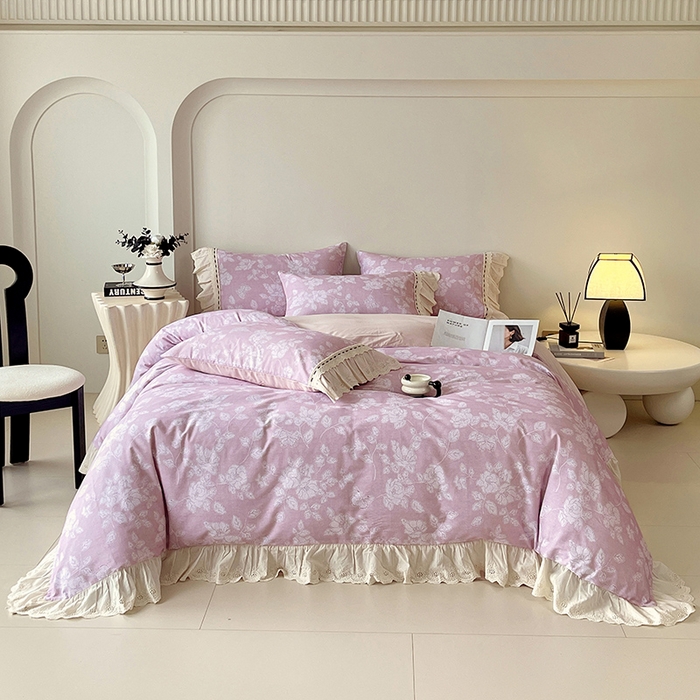 91家纺网 家纺一手货源 找家纺 梧桐树 2025新款全棉印花四件套系列-花边款 H03兰亭序-粉