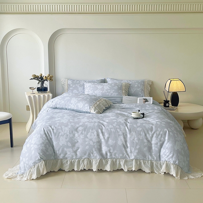 91家纺网 家纺一手货源 找家纺 梧桐树 2025新款全棉印花四件套系列-花边款 H04兰亭序-灰