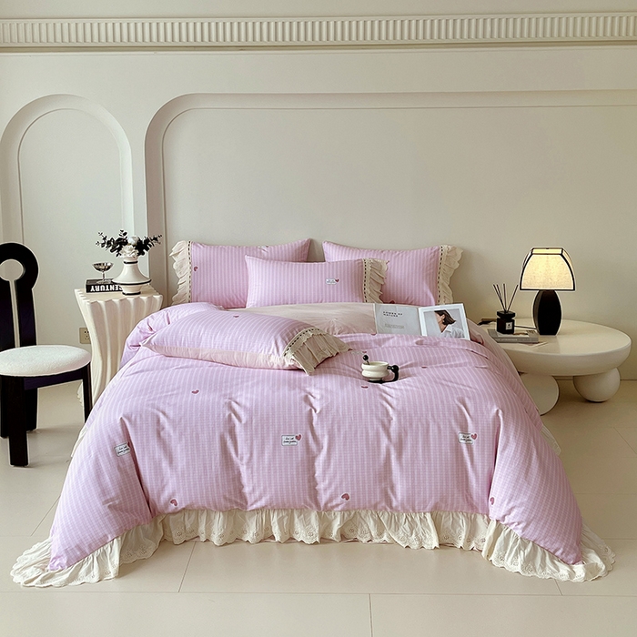 91家纺网 家纺一手货源 找家纺 梧桐树 2025新款全棉印花四件套系列-花边款 H07露斯-粉