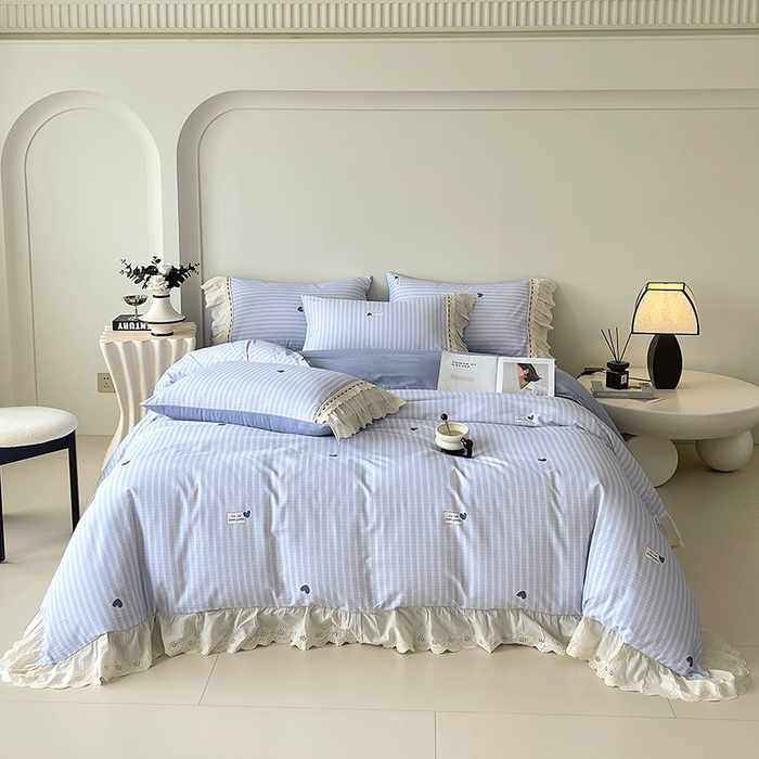 91家纺网 家纺一手货源 找家纺 梧桐树 2025新款全棉印花四件套系列-花边款 H08露斯-蓝