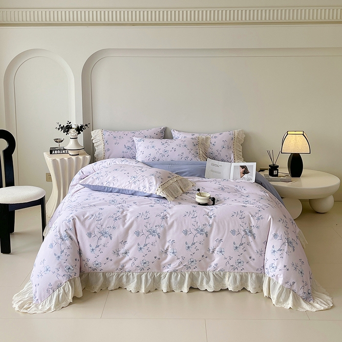 91家纺网 家纺一手货源 找家纺 梧桐树 2025新款全棉印花四件套系列-花边款 H09半岛花茶-蓝