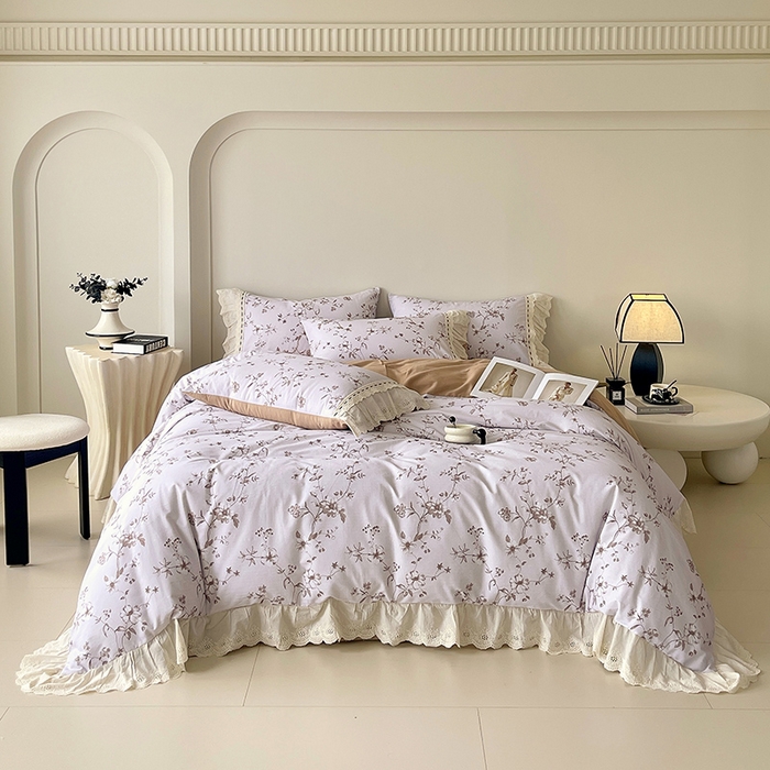 91家纺网 家纺一手货源 找家纺 梧桐树 2025新款全棉印花四件套系列-花边款 H10半岛花茶-棕