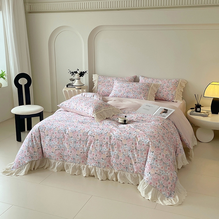 91家纺网 家纺一手货源 找家纺 梧桐树 2025新款全棉印花四件套系列-花边款 H01露娜-粉