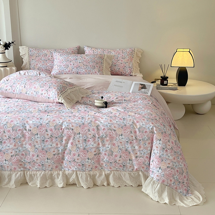 91家纺网 家纺一手货源 找家纺 梧桐树 2025新款全棉印花四件套系列-花边款 H01露娜-粉