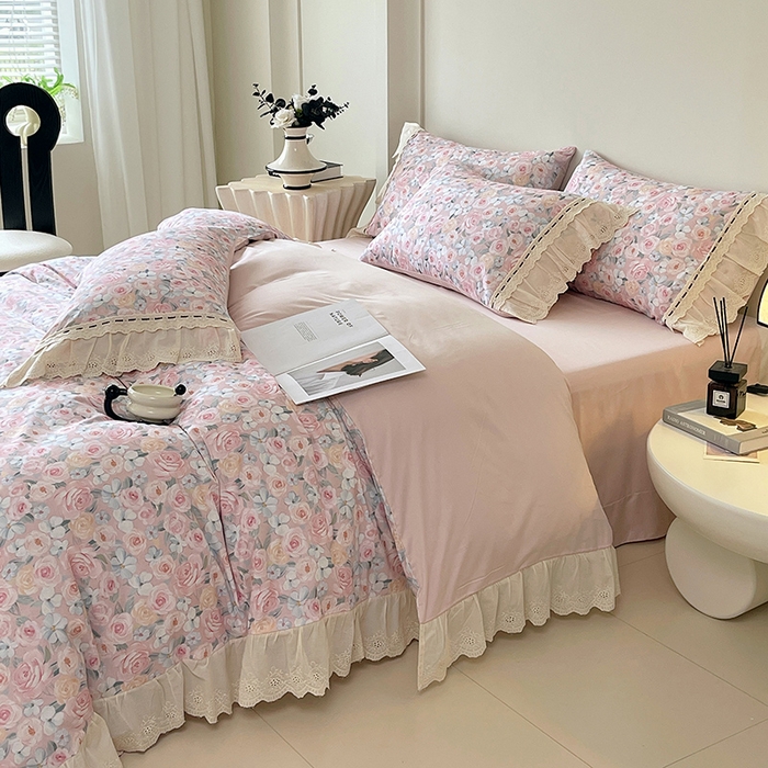 91家纺网 家纺一手货源 找家纺 梧桐树 2025新款全棉印花四件套系列-花边款 H01露娜-粉