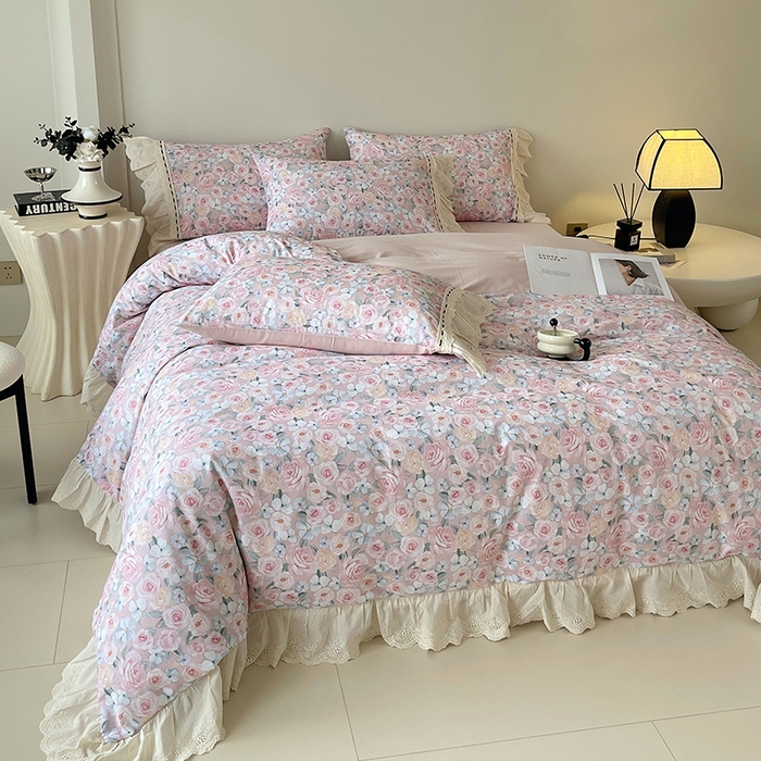 91家纺网 家纺一手货源 找家纺 梧桐树 2025新款全棉印花四件套系列-花边款 H01露娜-粉