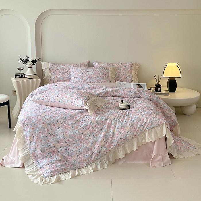 91家纺网 家纺一手货源 找家纺 梧桐树 2025新款全棉印花四件套系列-花边款 H01露娜-粉