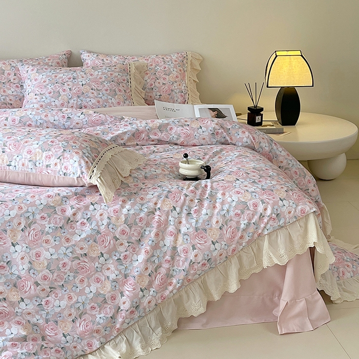 91家纺网 家纺一手货源 找家纺 梧桐树 2025新款全棉印花四件套系列-花边款 H01露娜-粉