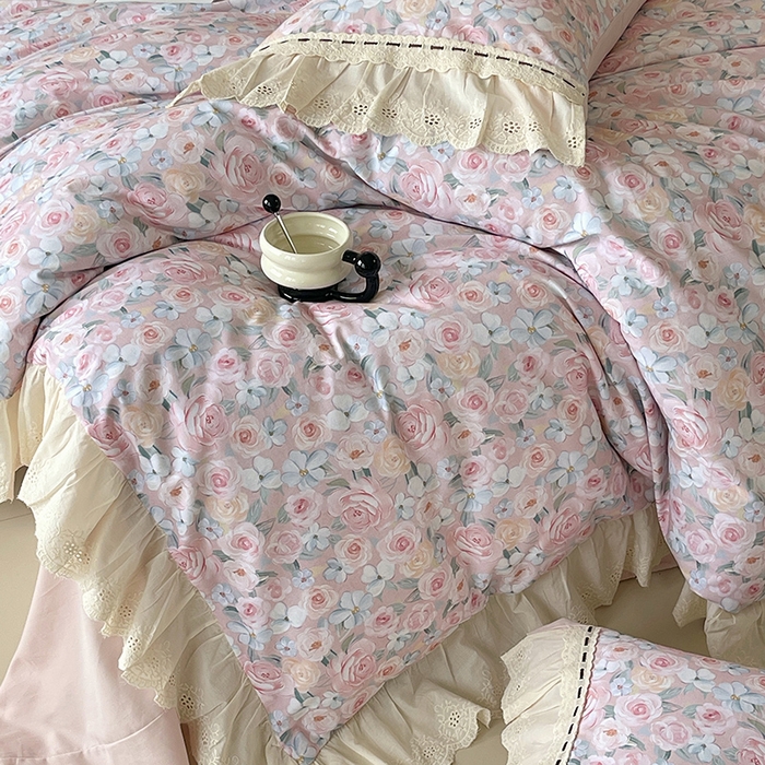 91家纺网 家纺一手货源 找家纺 梧桐树 2025新款全棉印花四件套系列-花边款 H01露娜-粉