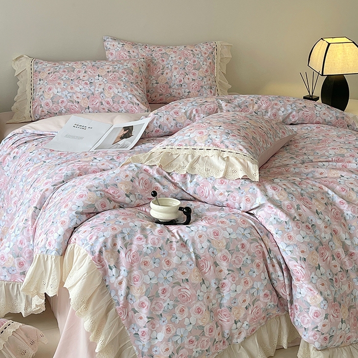 91家纺网 家纺一手货源 找家纺 梧桐树 2025新款全棉印花四件套系列-花边款 H01露娜-粉