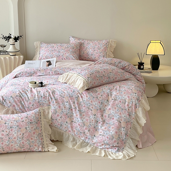 91家纺网 家纺一手货源 找家纺 梧桐树 2025新款全棉印花四件套系列-花边款 H01露娜-粉