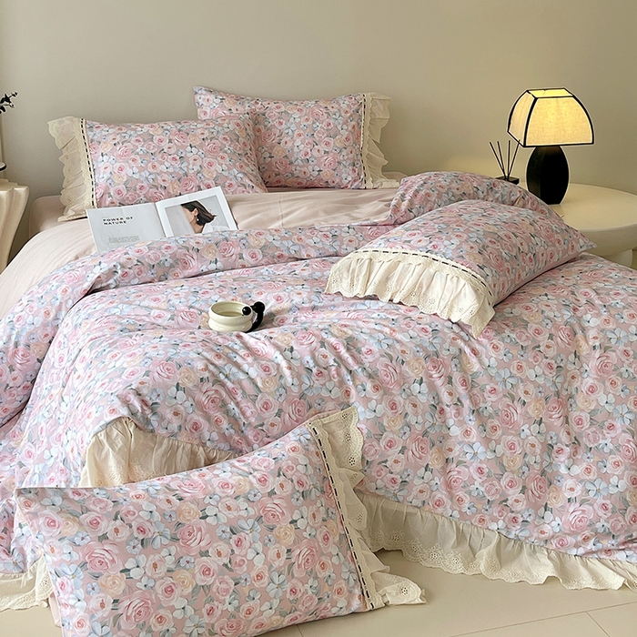 91家纺网 家纺一手货源 找家纺 梧桐树 2025新款全棉印花四件套系列-花边款 H01露娜-粉