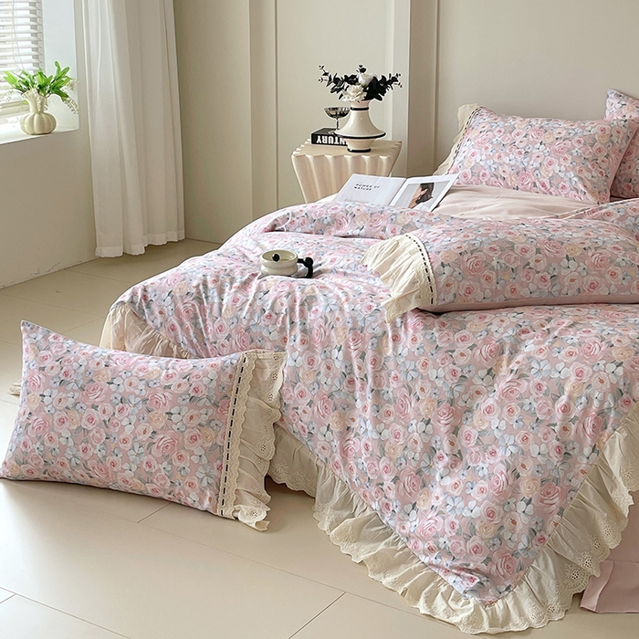 91家纺网 家纺一手货源 找家纺 梧桐树 2025新款全棉印花四件套系列-花边款 H01露娜-粉