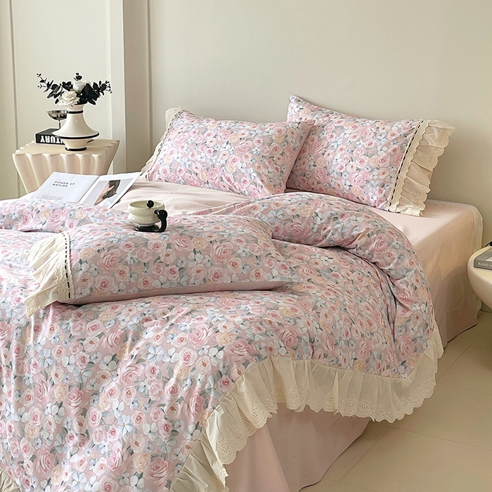 91家纺网 家纺一手货源 找家纺 梧桐树 2025新款全棉印花四件套系列-花边款 H01露娜-粉