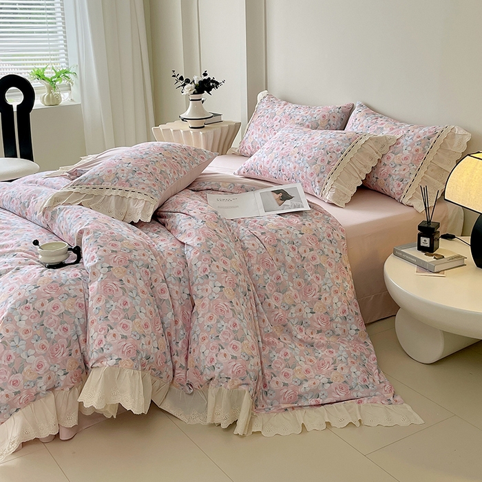 91家纺网 家纺一手货源 找家纺 梧桐树 2025新款全棉印花四件套系列-花边款 H01露娜-粉