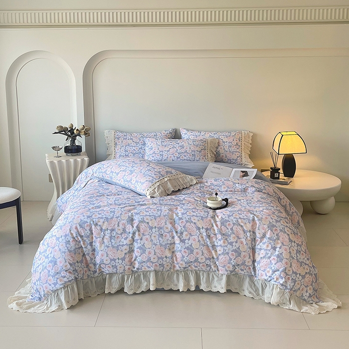 91家纺网 家纺一手货源 找家纺 梧桐树 2025新款全棉印花四件套系列-花边款 H02露娜-蓝