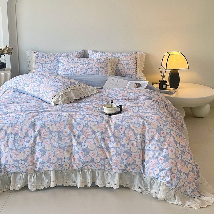 91家纺网 家纺一手货源 找家纺 梧桐树 2025新款全棉印花四件套系列-花边款 H02露娜-蓝