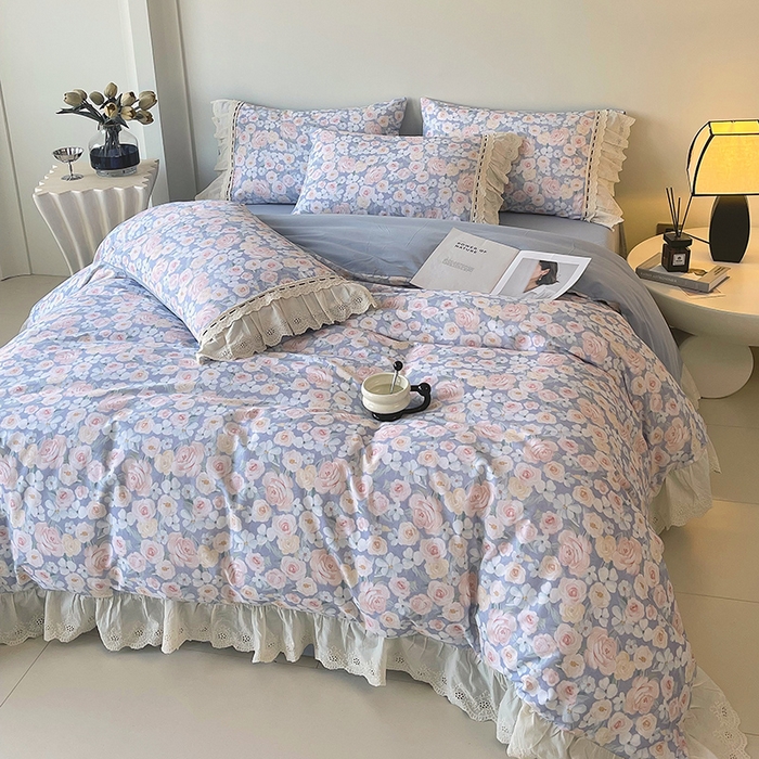 91家纺网 家纺一手货源 找家纺 梧桐树 2025新款全棉印花四件套系列-花边款 H02露娜-蓝