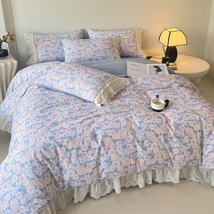 91家纺网 家纺一手货源 找家纺 梧桐树 2025新款全棉印花四件套系列-花边款 H02露娜-蓝