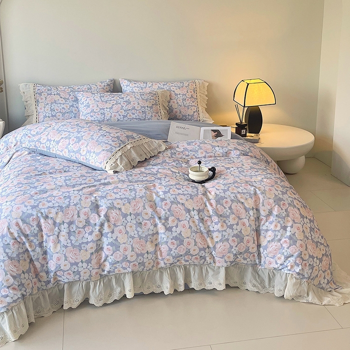 91家纺网 家纺一手货源 找家纺 梧桐树 2025新款全棉印花四件套系列-花边款 H02露娜-蓝